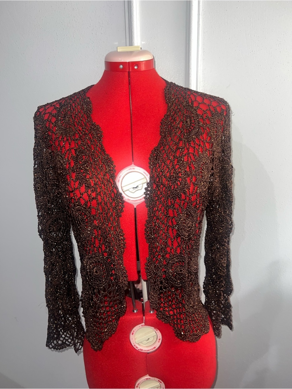 Brown Metallic Copper Crochet Open-Front Women's Jacket small